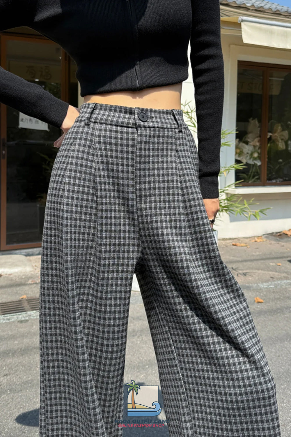 Loose Wide Leg Woolen Plaid Casual Pants