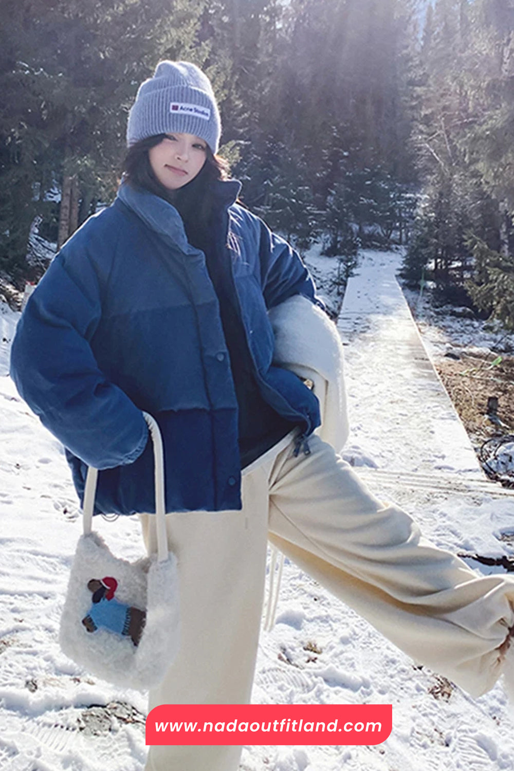 Vintage Blue Stand Collar Puffer Coat Jacket