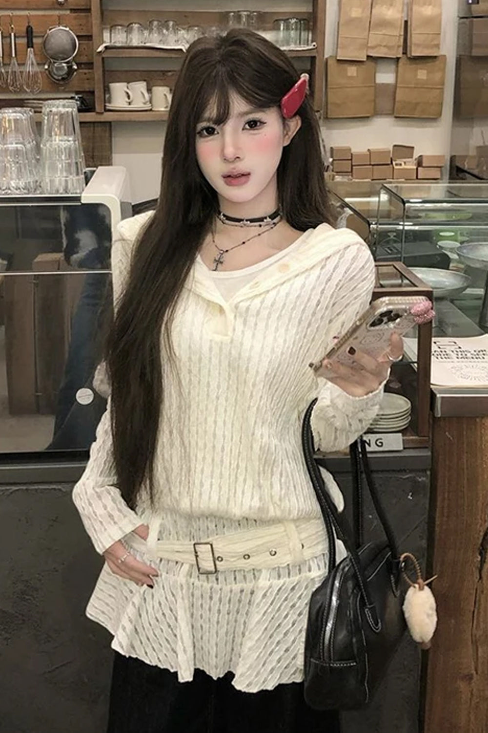 Belt Hooded Hollow Out Ruffled Sweatshirt