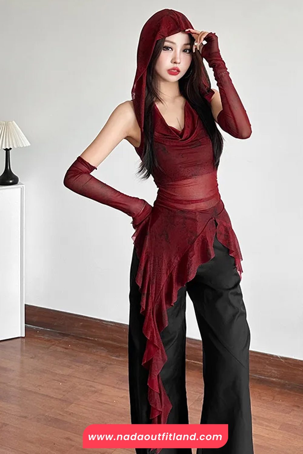 See Through Irregular Hooded Ruffles Slim Shirt