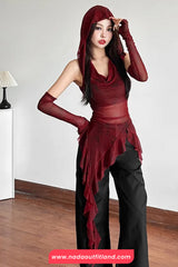 See Through Irregular Hooded Ruffles Slim Shirt
