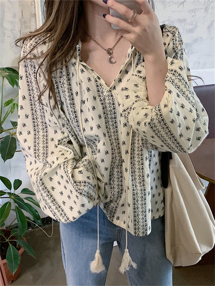 Vintage Printed Lace Up Loose Blouse Shirt