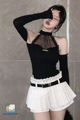 Sexy Off Shoulder Halter Neck Lace Cropped Shirt