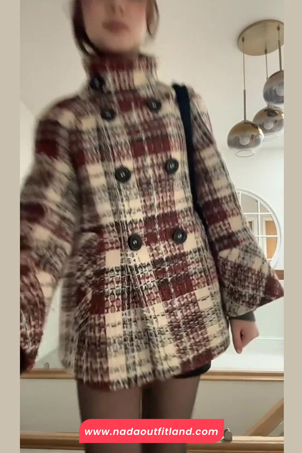 Double Breasted Plaid Pattern Warm Turtleneck Coat Jacket