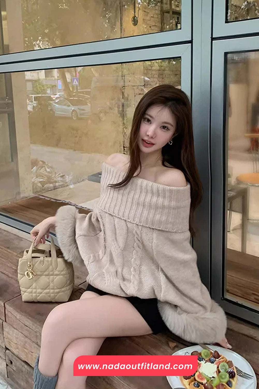 Long Sleeve Faux Fur Knitted Off Shoulder Sweater