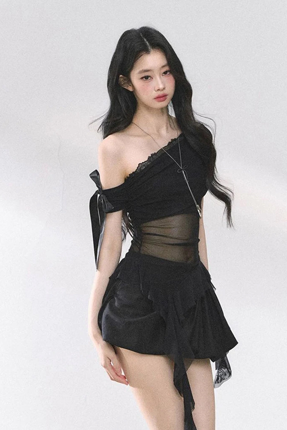 Sexy Skew Collar Mesh Transparent Irregular Shirts