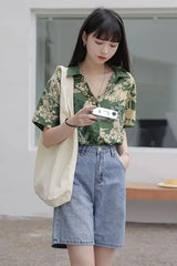 Short Sleeve Green Floral Printed Blouse Shirt
