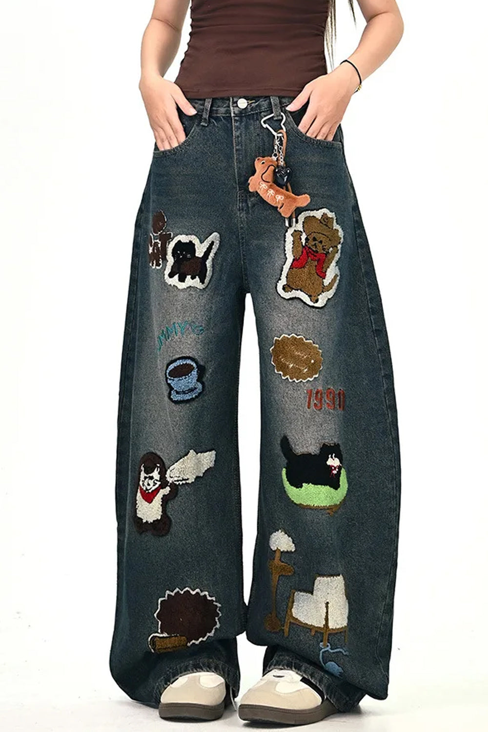 Loose Cartoon Embroidered Hip Hop Jeans Pants