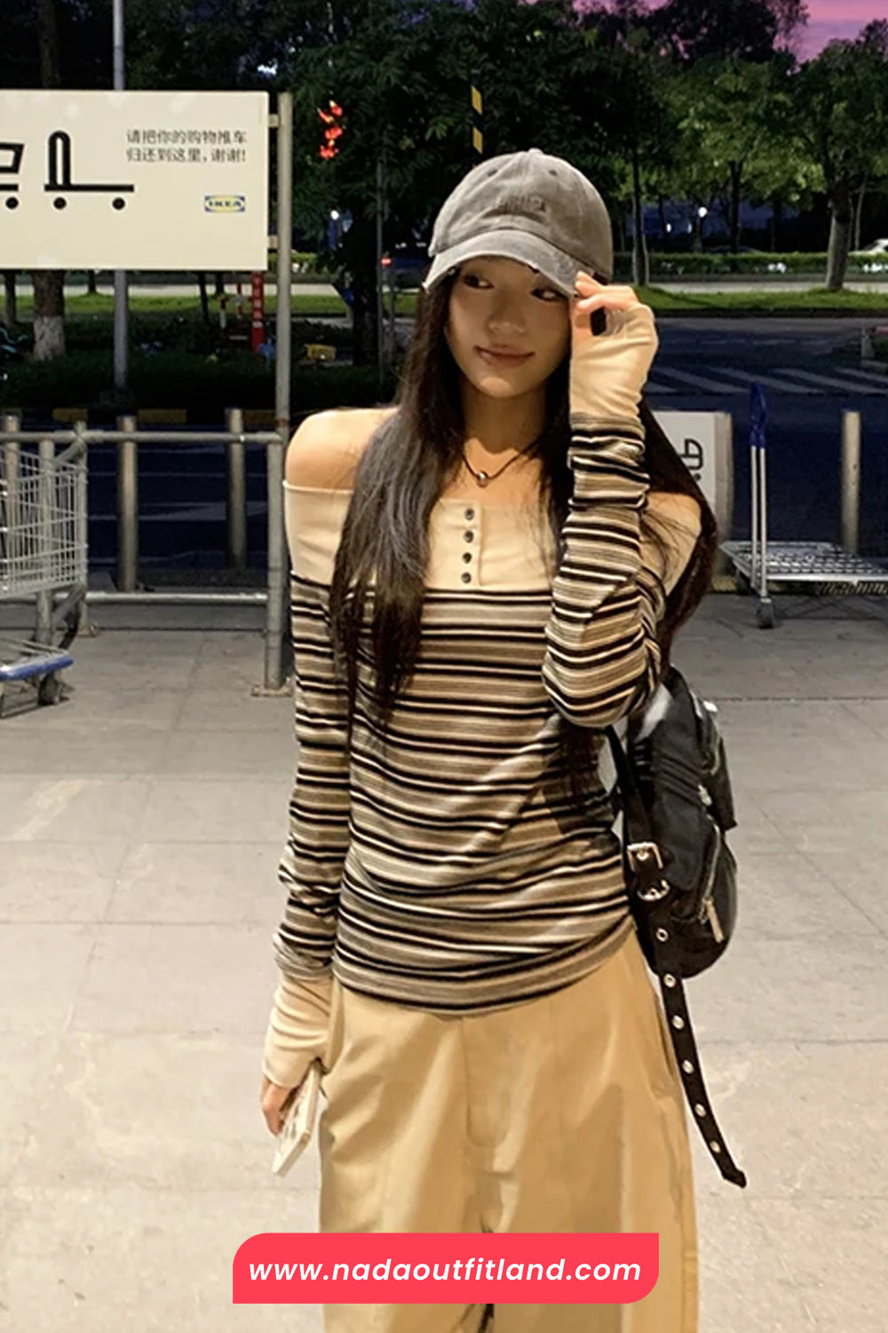Long Sleeve Slash Neck Striped Cropped Slim Shirt