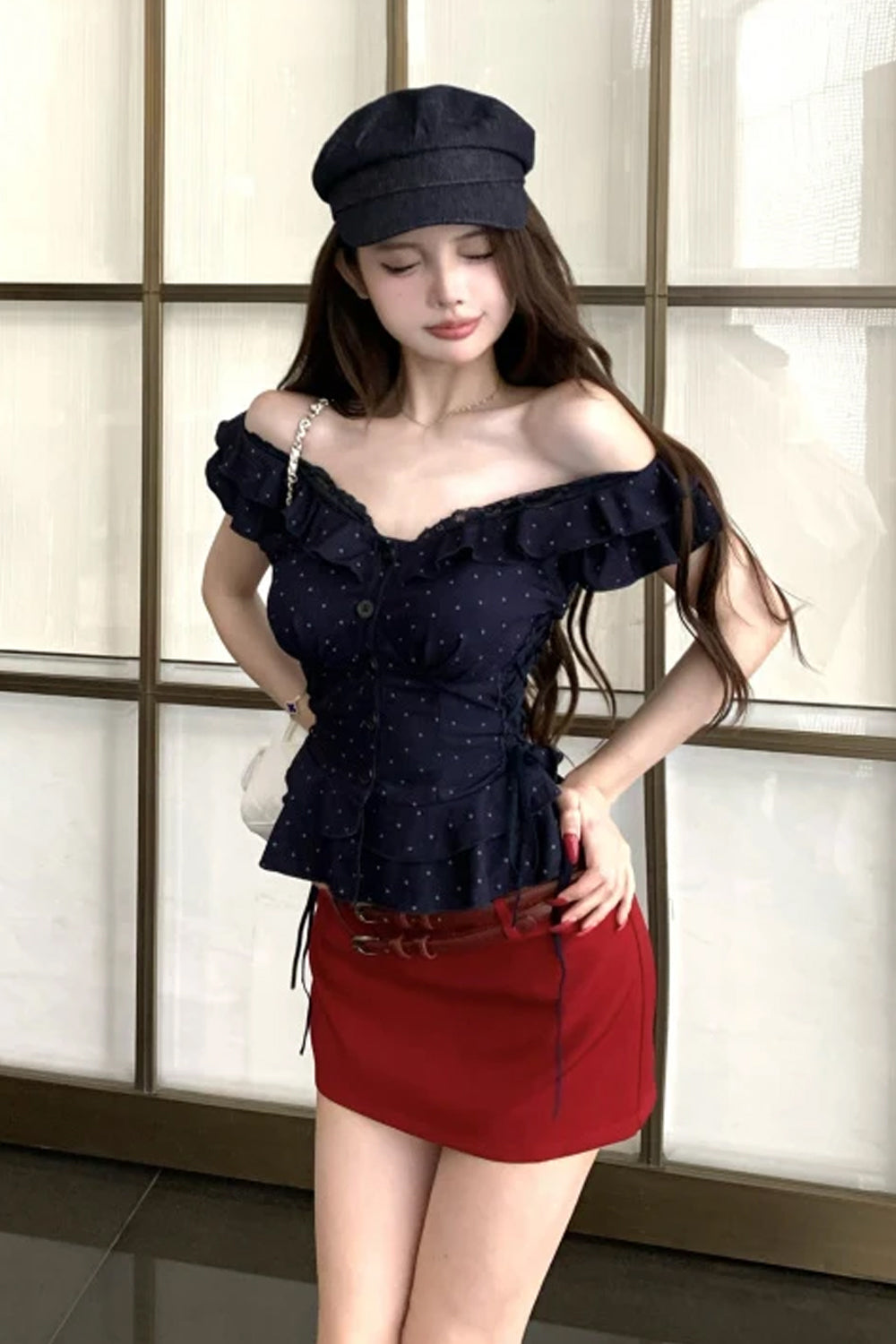 Sexy Slash Neck Dots Pattern Ruffle Cropped Blouse