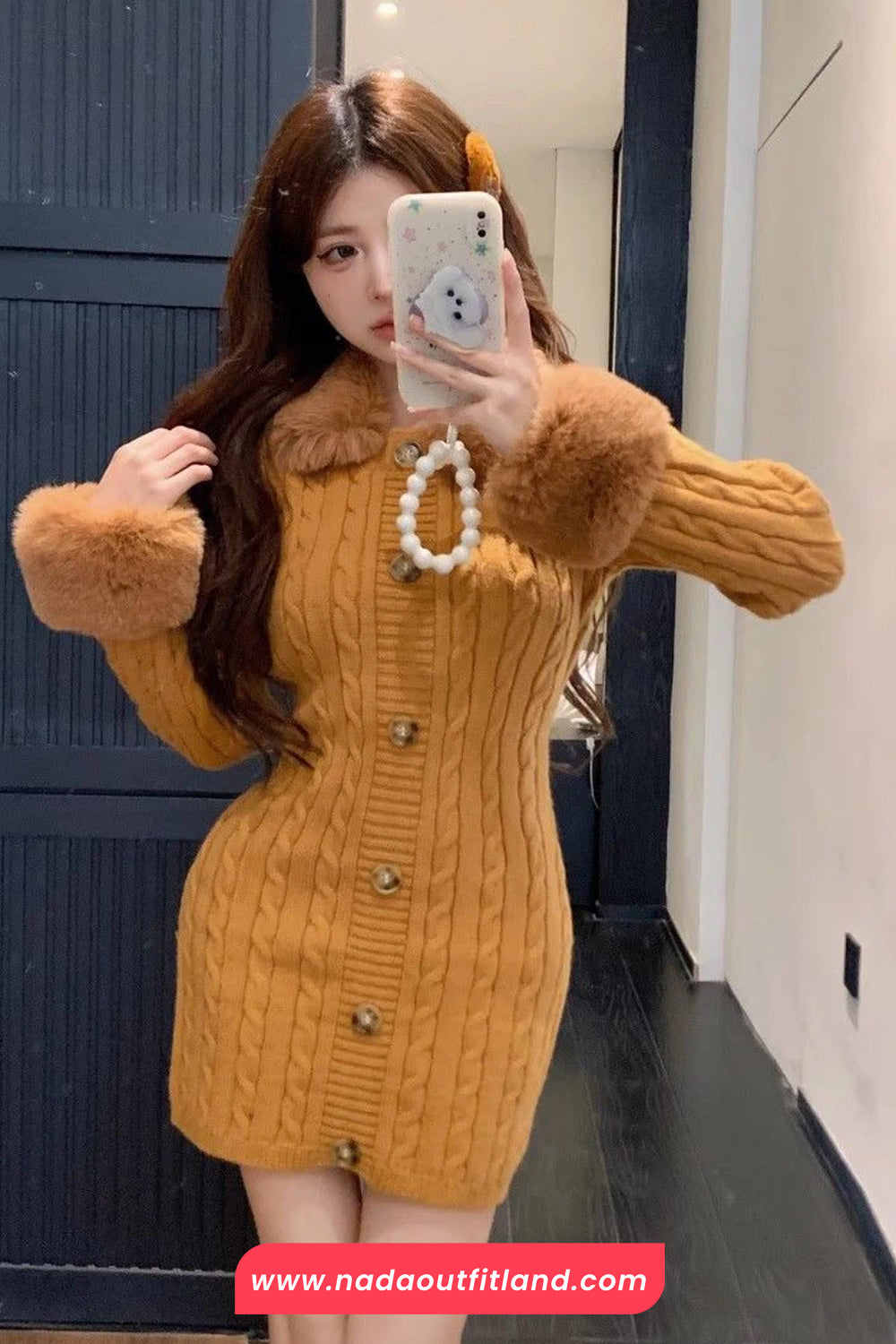 Long Sleeve Fur Collar Vintage Knitted Mini Dress