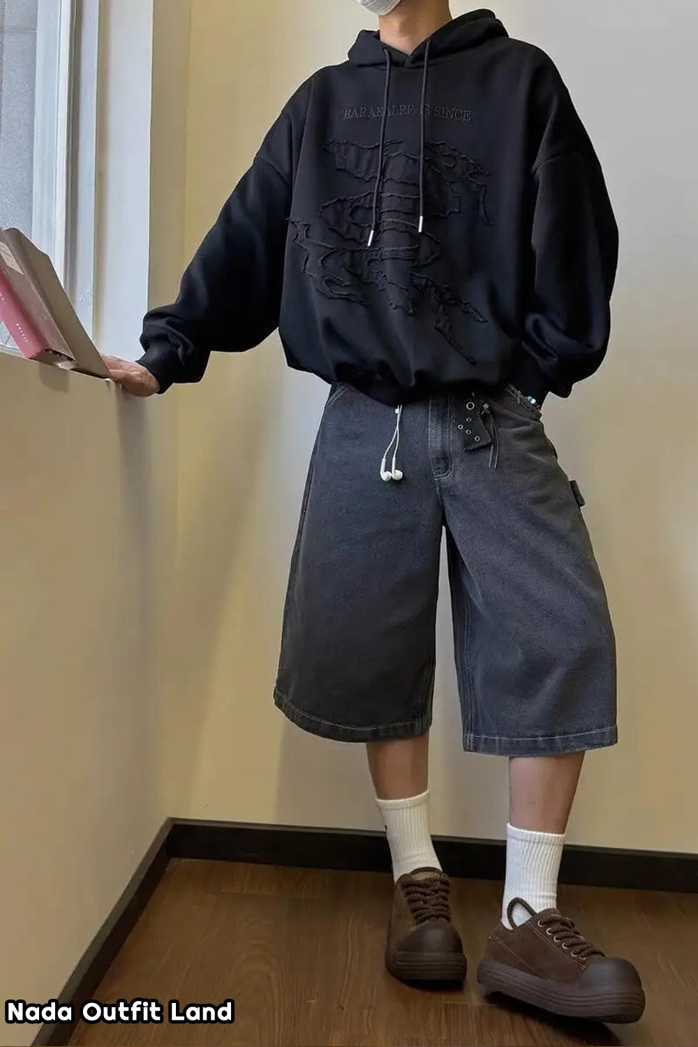 Vintage Knee Length Washed Black Denim Shorts