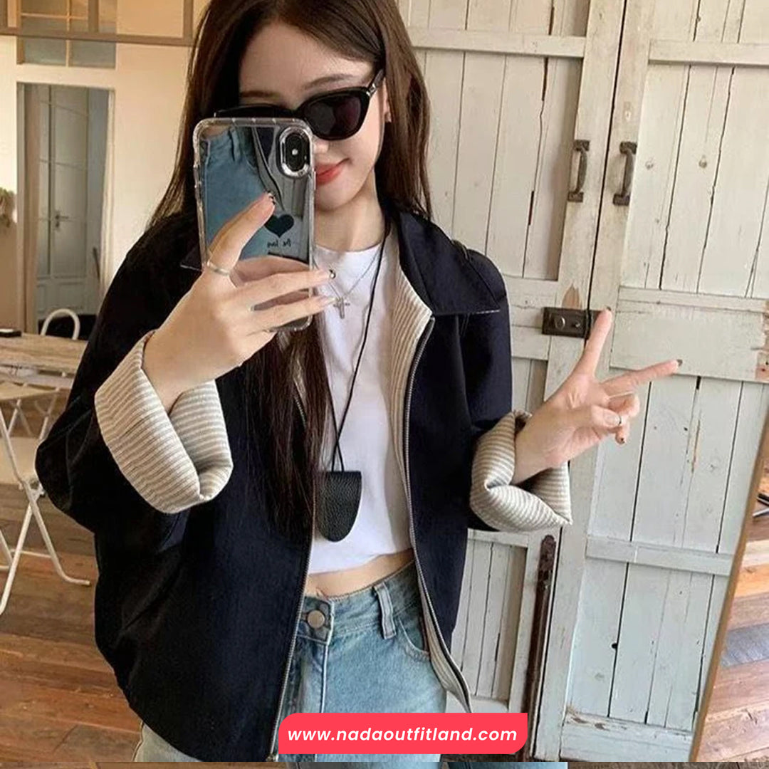 Long Sleeve Double Sided Striped Turn Down Collar Jacket