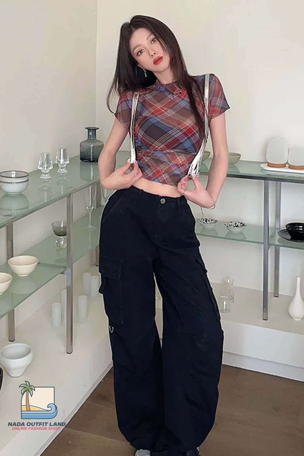 Short Sleeve Plaid Pattern Mesh See Through Summer Slim Shirt