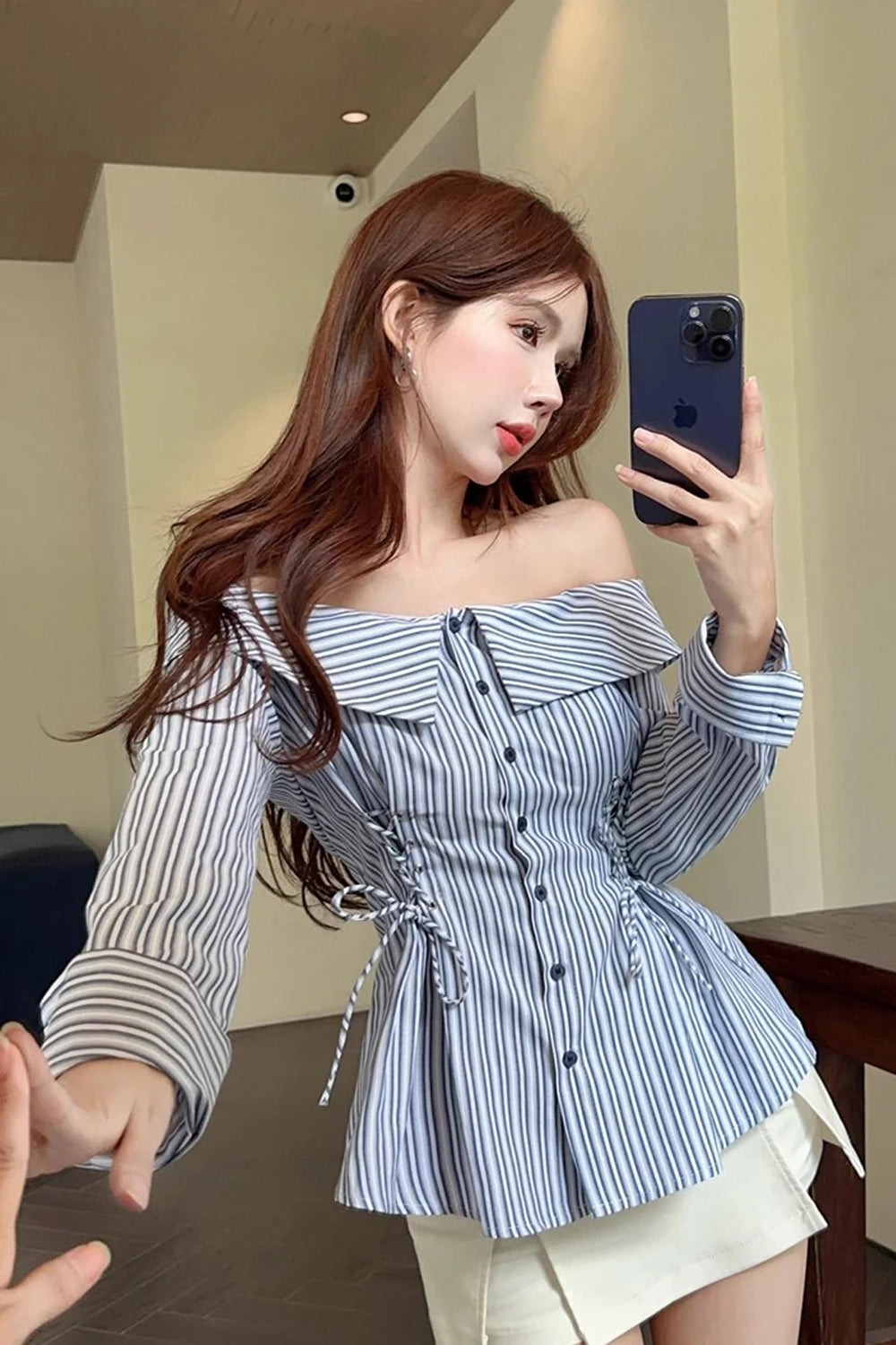 Slash Neck Off Shoulder Striped Slim Blouse Shirt
