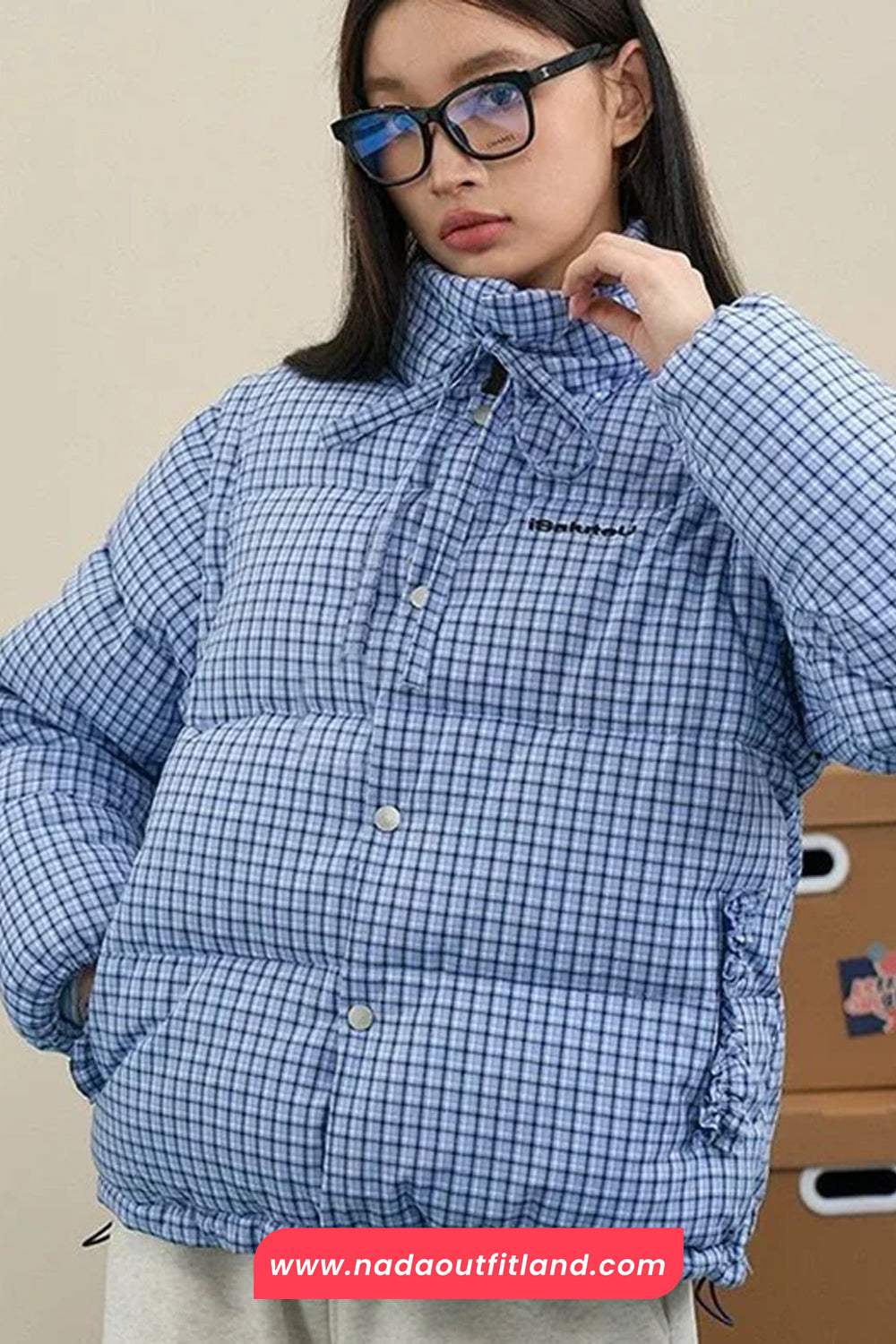 Blue Plaid Pattern Removable Sleeve Parkas Puffy Jacket