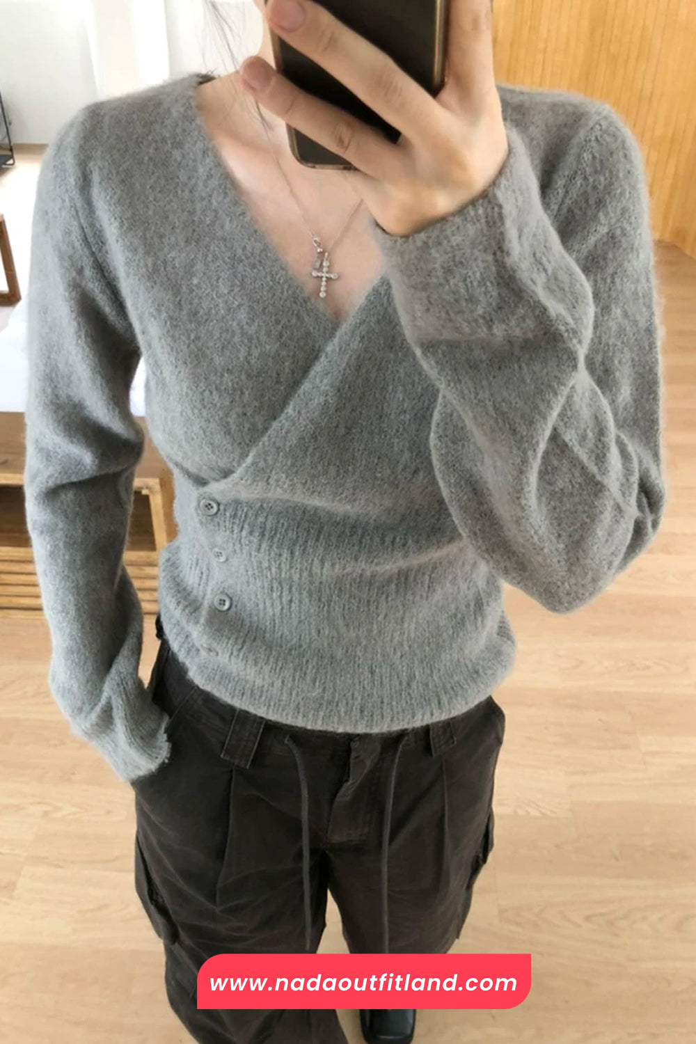 Long Sleeve V-Neck Irregular Style Cropped Sweater