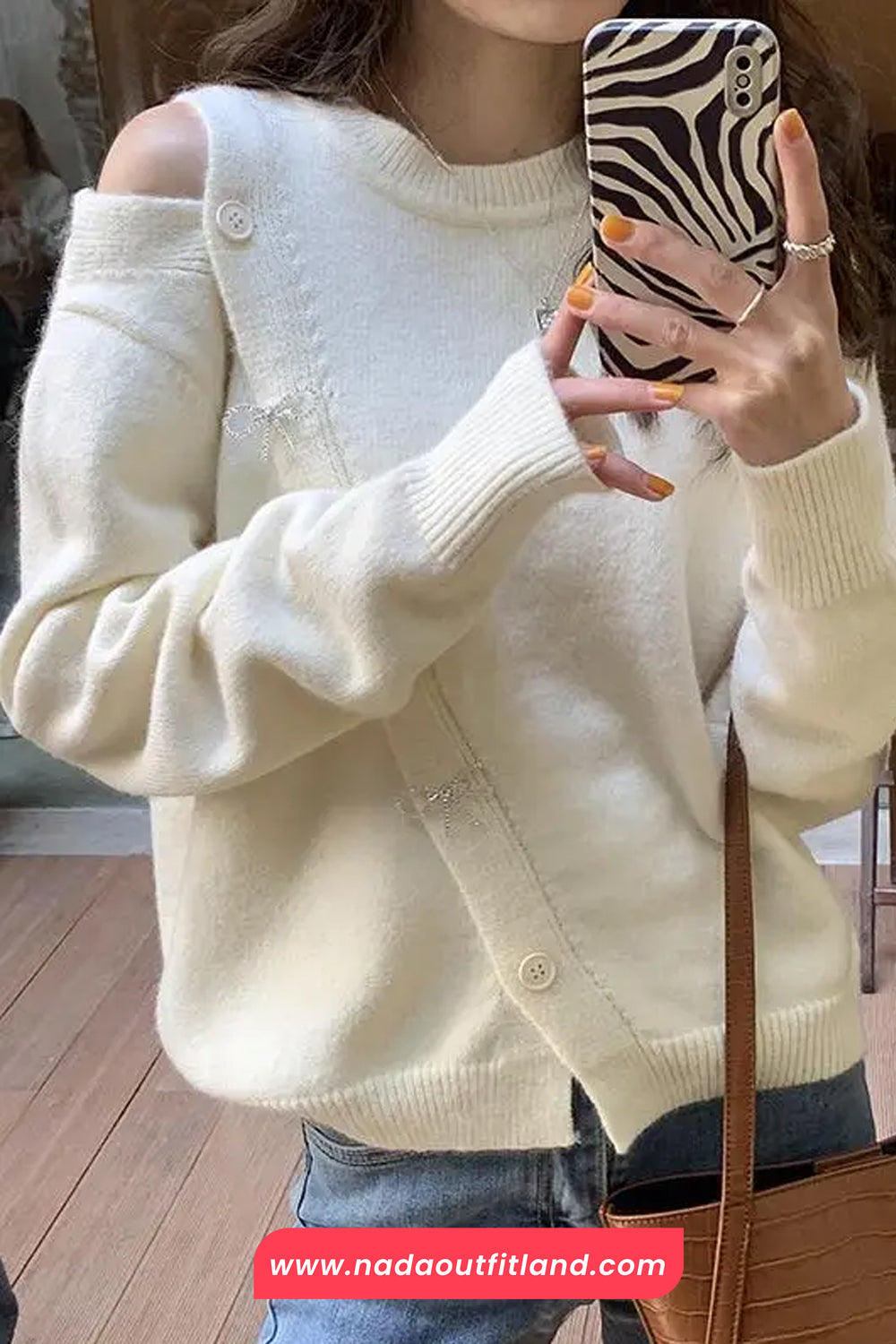 Long Sleeve Off Shoulder Bow Pins Sweater