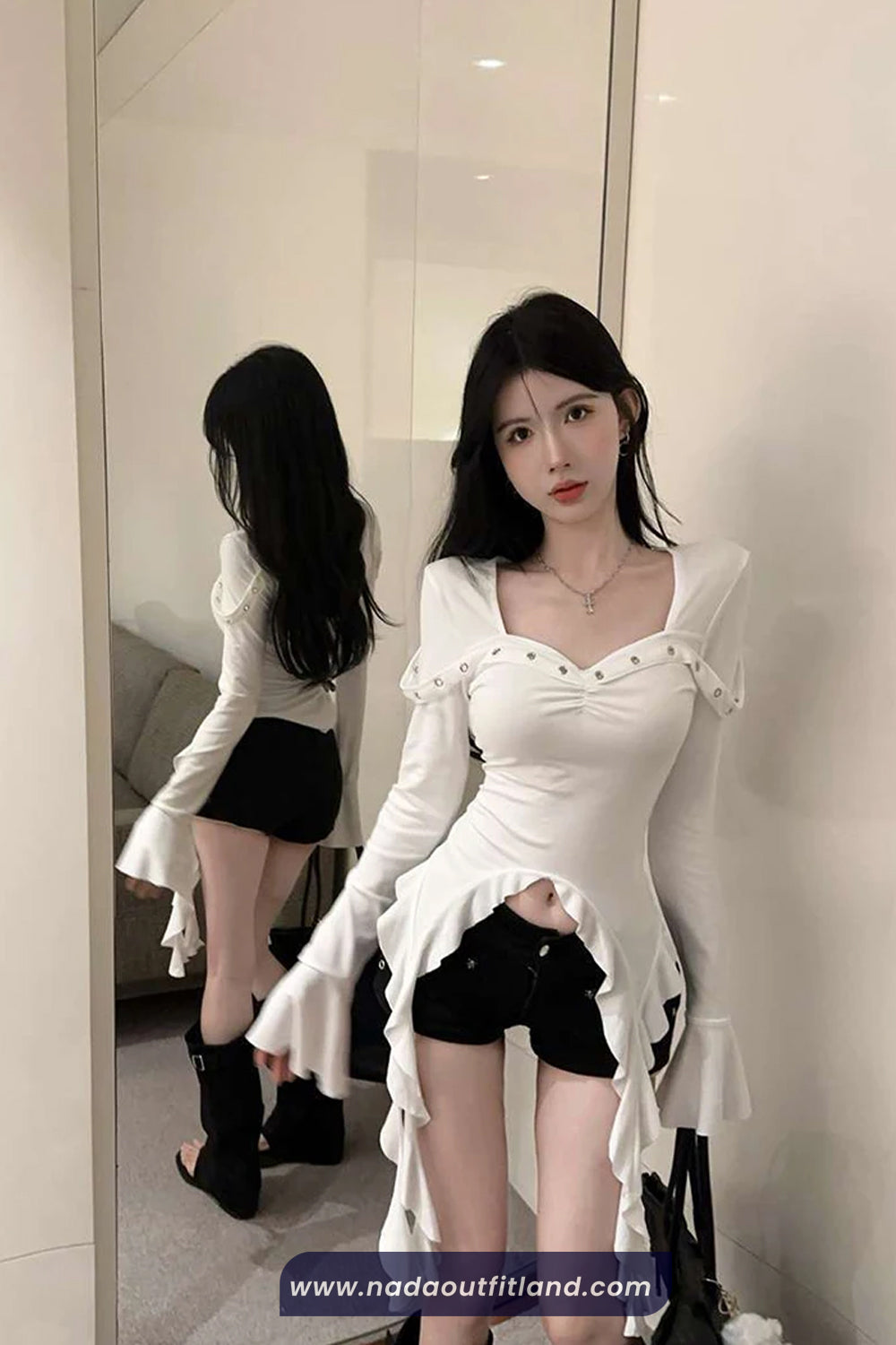 Long Sleeve Square Collar Ruffled Sexy Cropped Shirt