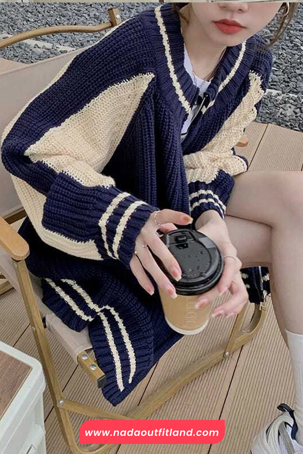 Long Sleeve Retro Striped Knitted Zipper Cardigan Sweater