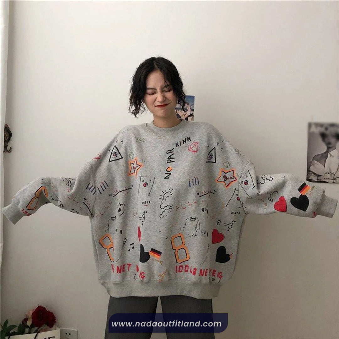 Long Sleeve Loves Art Pattern Printed O-Neck Sweater