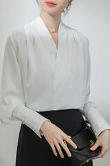 Long Sleeve Cross Neck Elegant Office Blouse Shirt