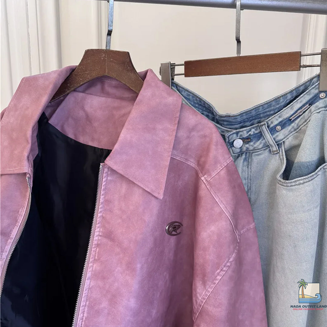 Loose Lapel Collar Pink Matte Zipper Jacket