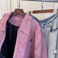 Loose Lapel Collar Pink Matte Zipper Jacket