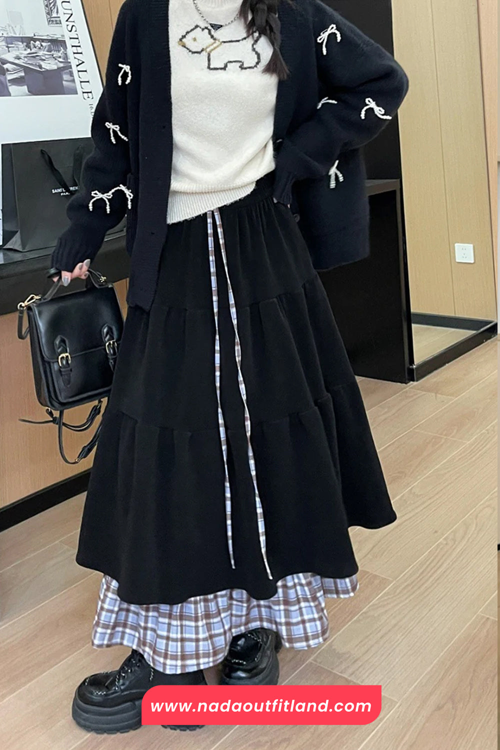 High Waist Retro Plaid Patchwork Corduroy Fake Two Long Skirts
