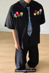 Short Sleeve Floral Embroidered With Tie Graphic Printed Blouse Shirt