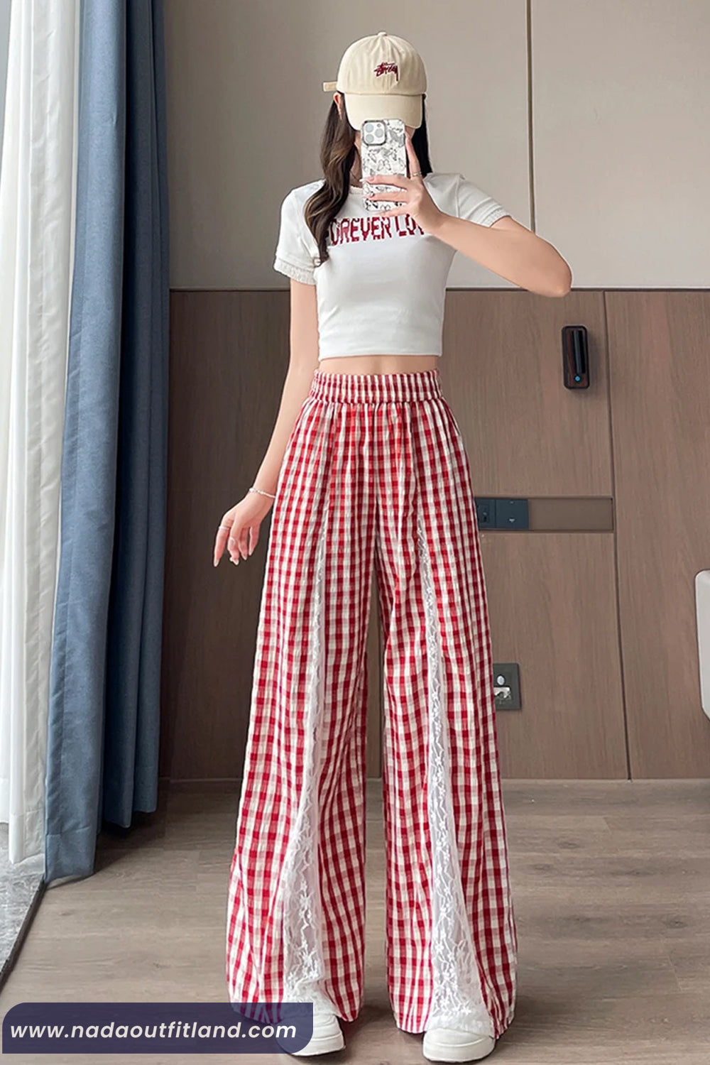 Loose Plaid Pattern With Lace Patchwork Pants