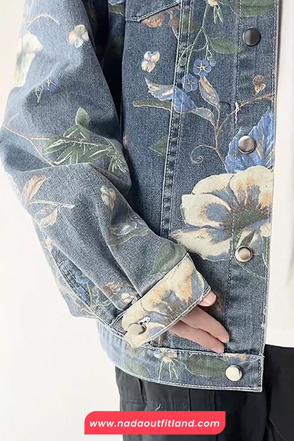 Long Sleeve Retro Flowers Pattern Denim Jeans Jacket