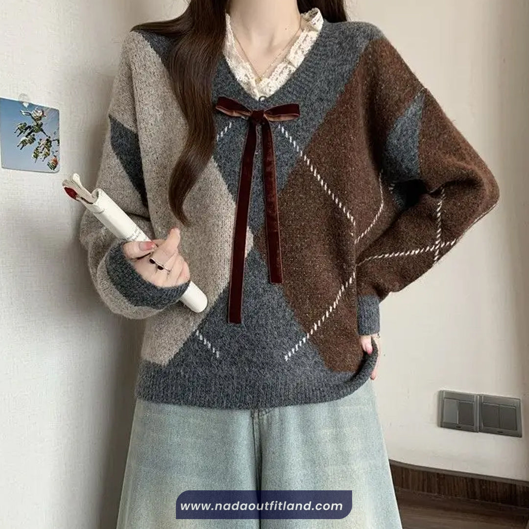 Long Sleeve V-Neck Lace Spliced Argyle Sweater