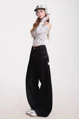 Loose Stars Pattern Back Printed Black Jeans Pants