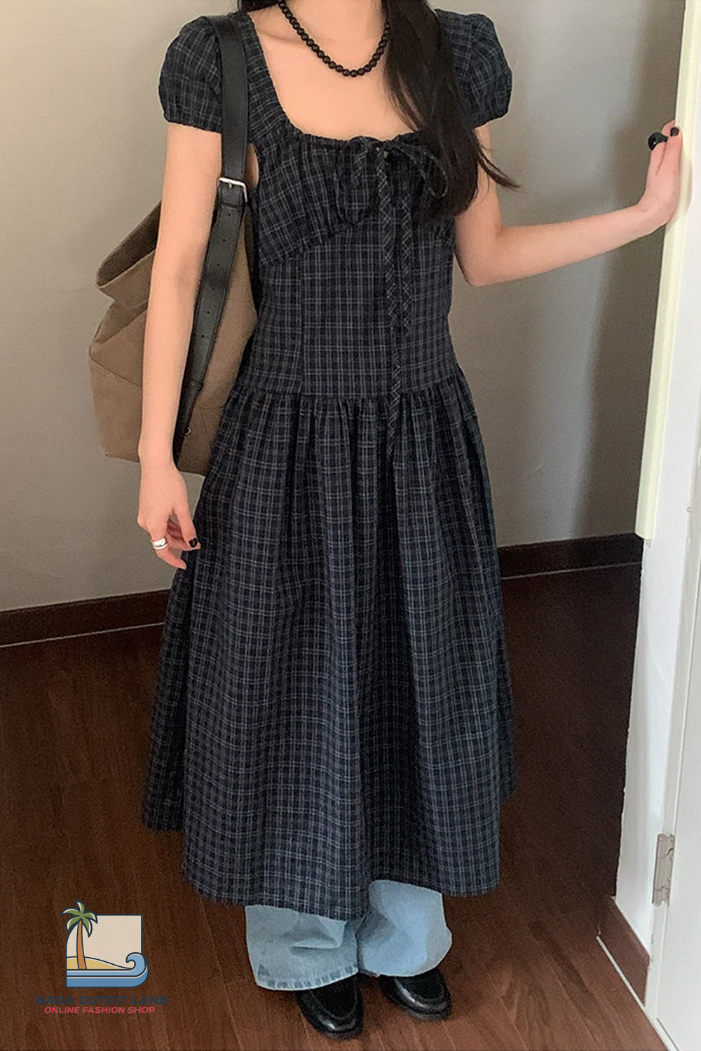 Vintage Puff Sleeve Plaid Pattern Long Bandage Dress
