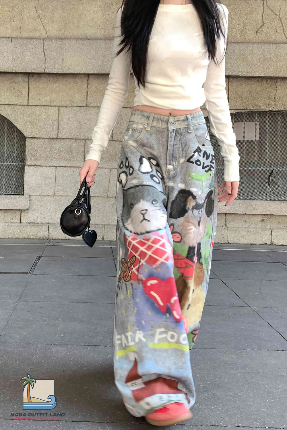 Loose Cute Doodle Animal Printed Jeans Pants