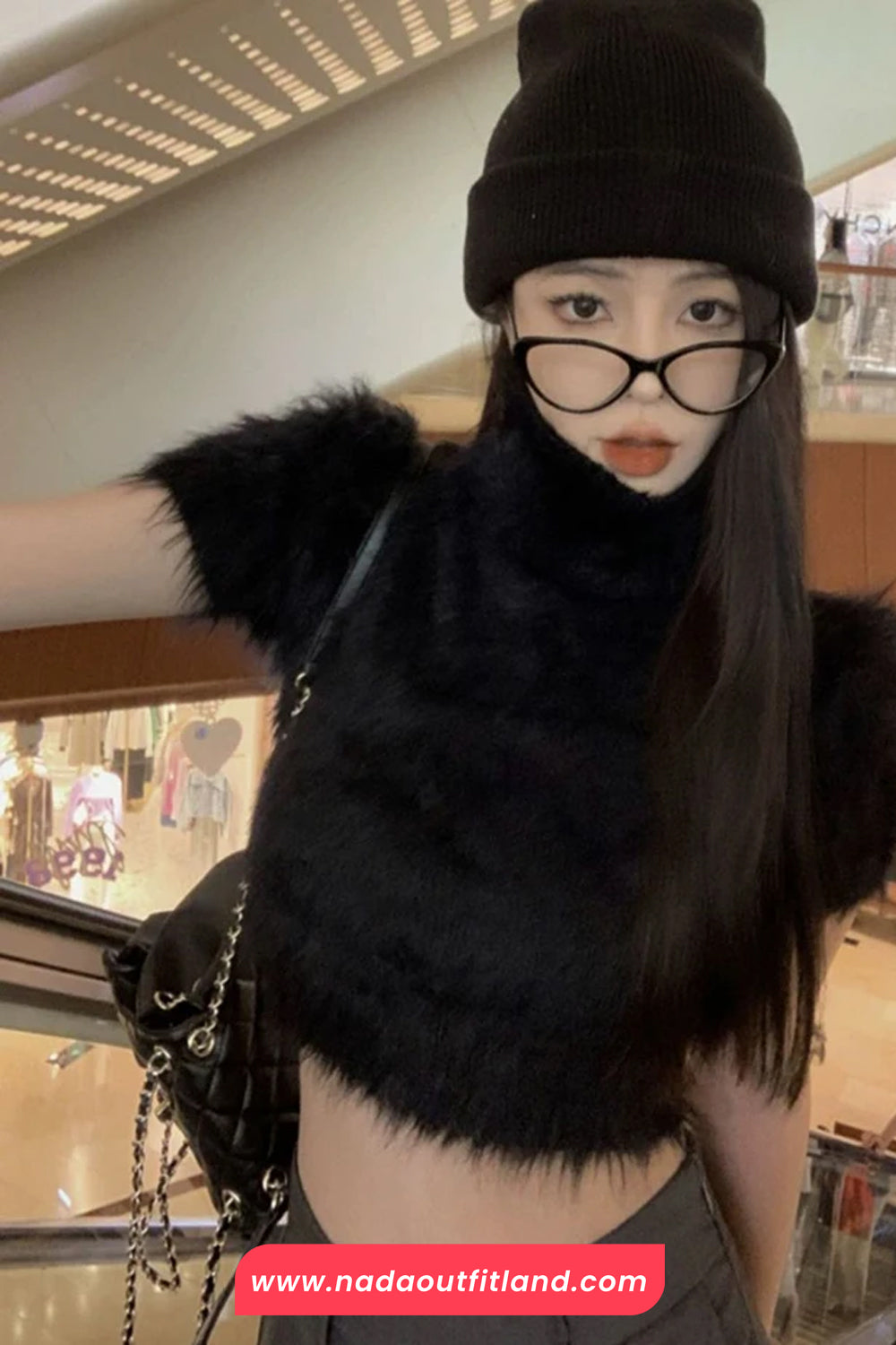 Short Sleeve Turtleneck Faux Fur Cropped Shirt