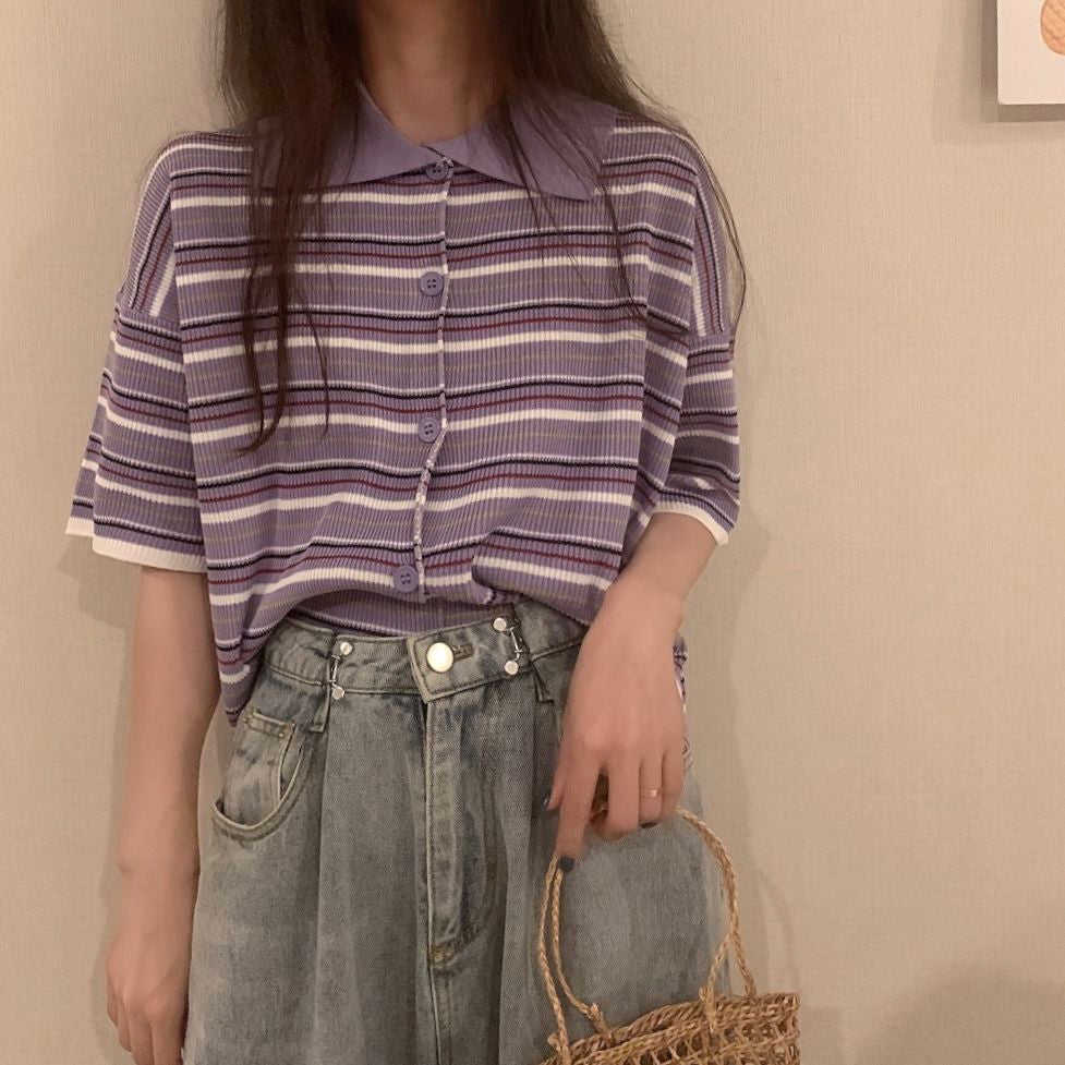 Loose Turn Down Knitted Striped Shirt