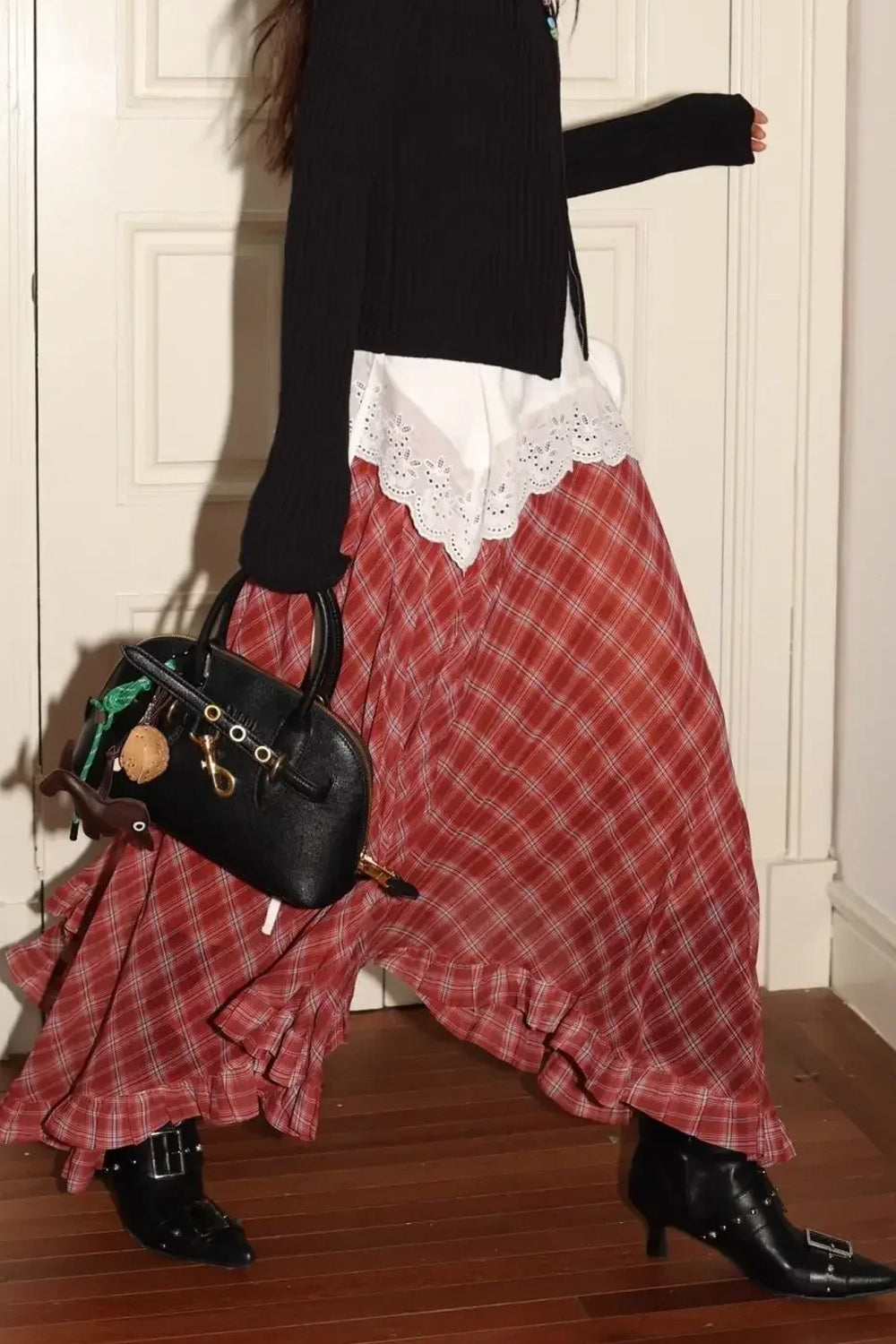 Vintage Two Tone Asymmetrical Plaid Flounce Midi Skirts