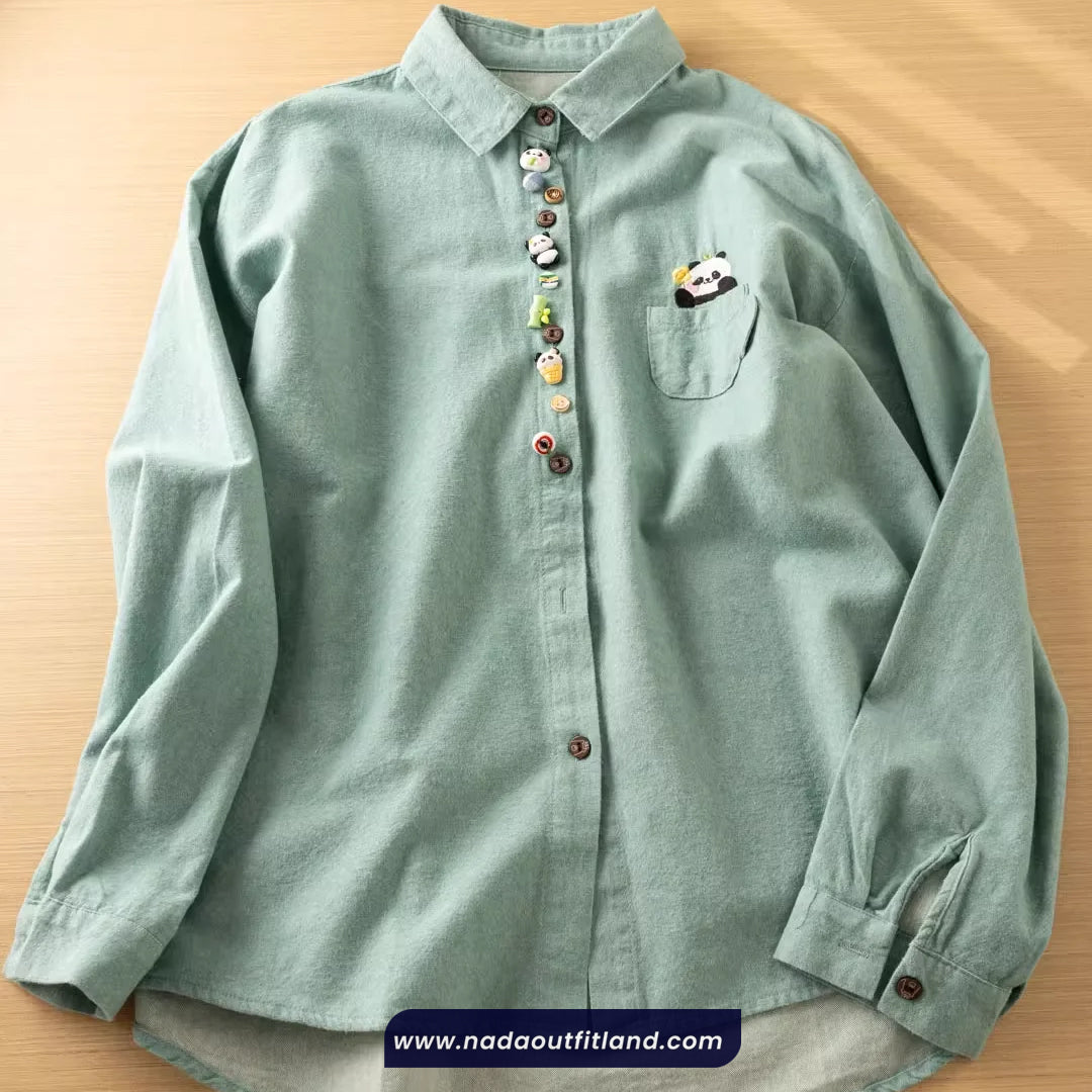 Long Sleeve Cute Panda Embroidered Button Blouse Shirt