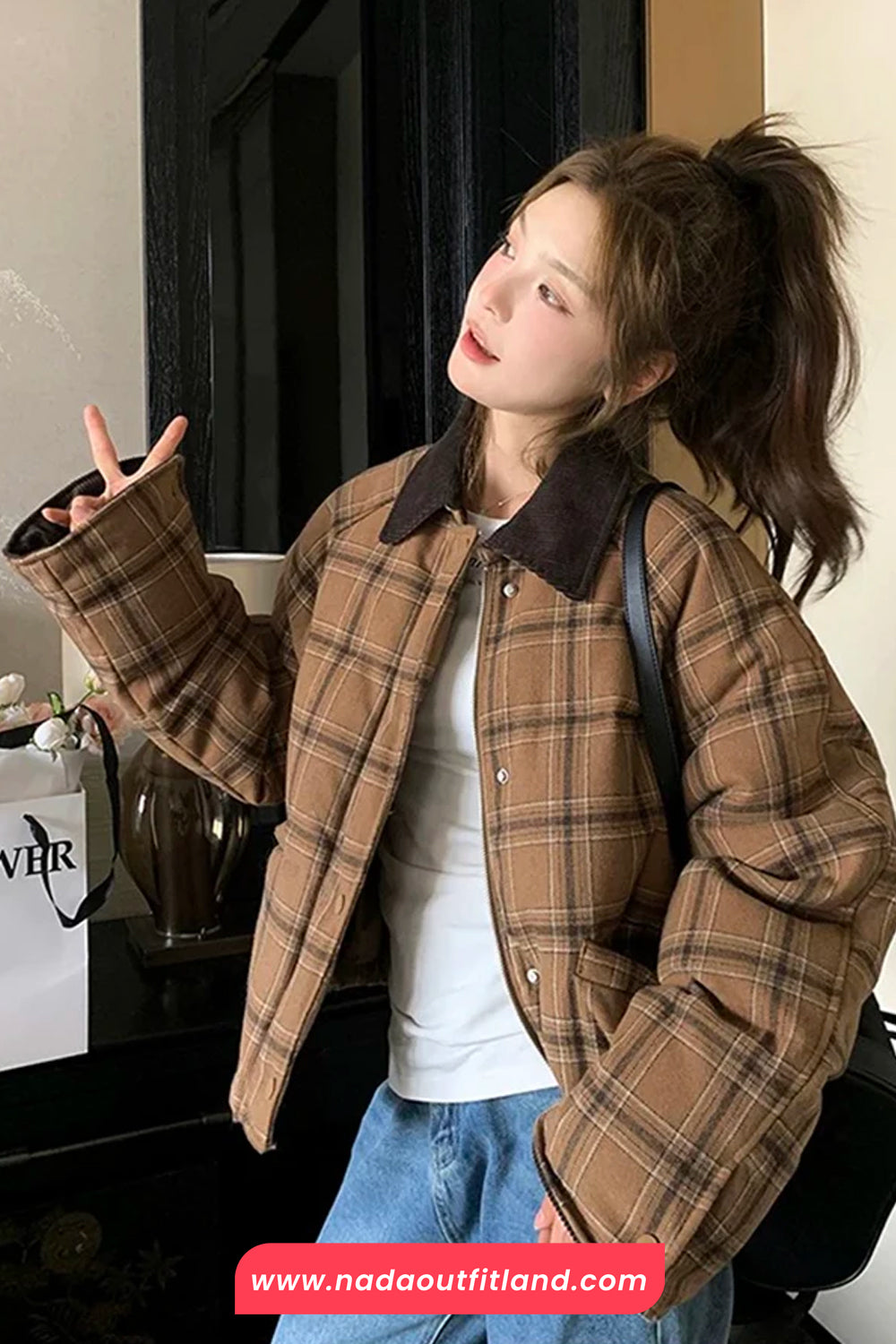 Long Sleeve Turn Down Collar Retro Plaid Thick Jacket