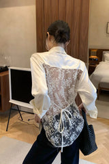 Long Sleeve Sexy Back Lace Transparent Satin Blouse Shirt