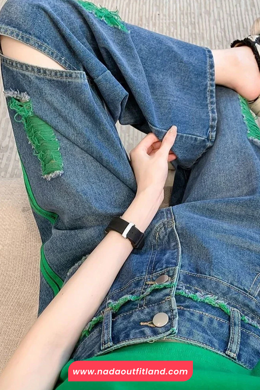 High Waist Green Ripped Hole Jeans Pants