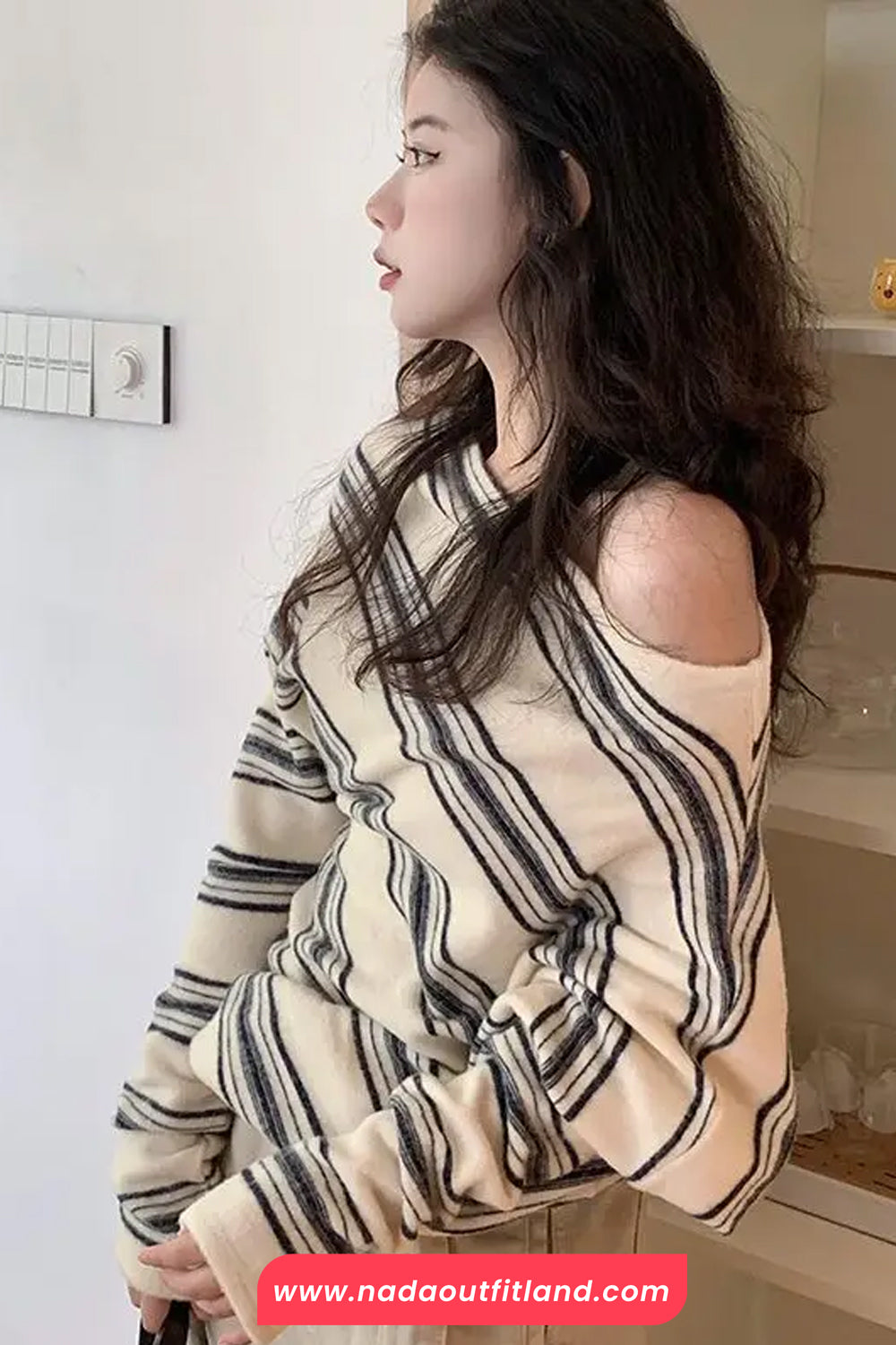 Long Sleeve Slash Neck Striped Casual Shirt