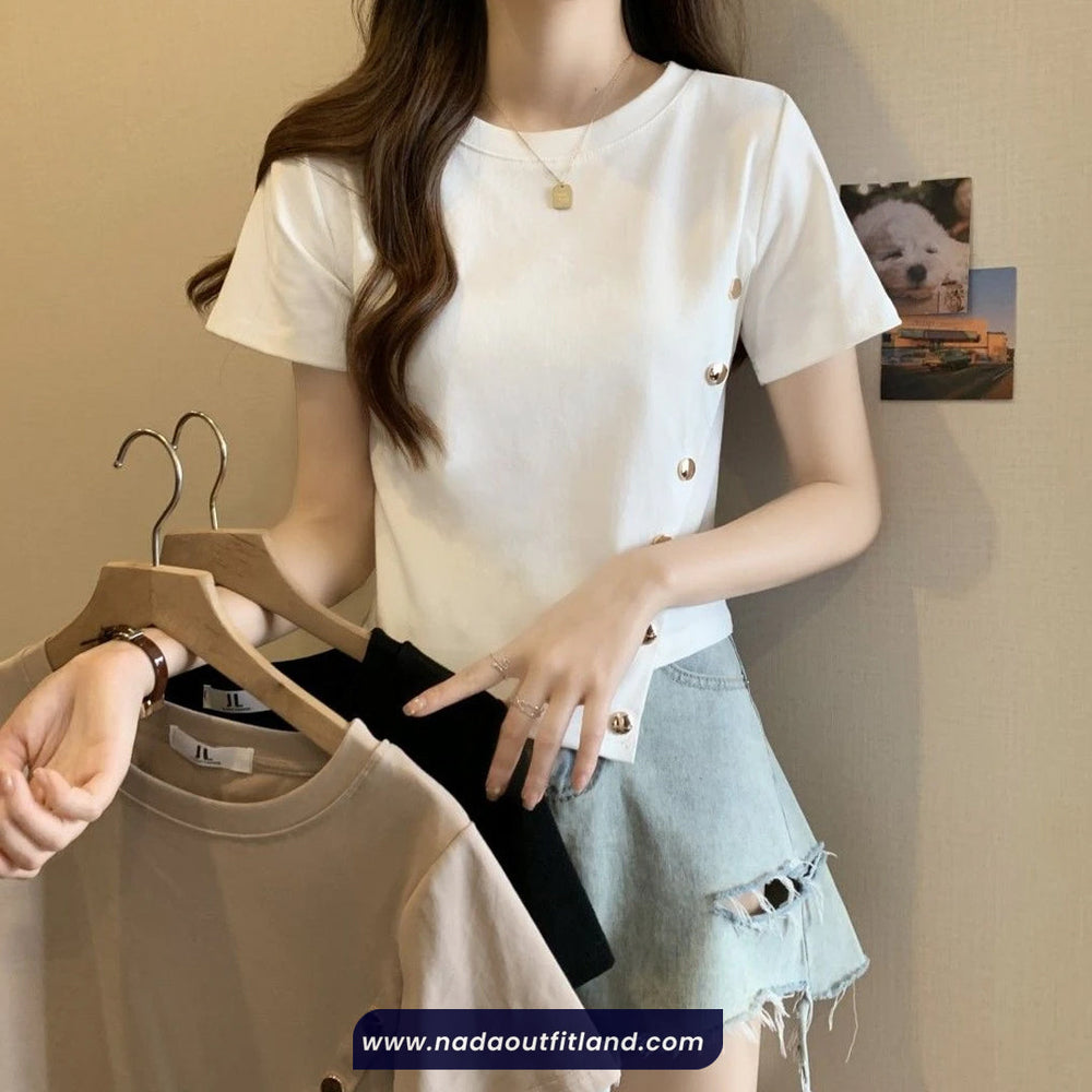 Side Button Tee Short Sleeve Asymmetrical Design Side Button Shirt – Hublai