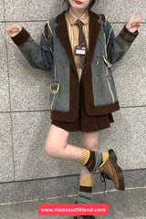 Long Sleeve Retro Corduroy Patchwork Denim Coat Jacket