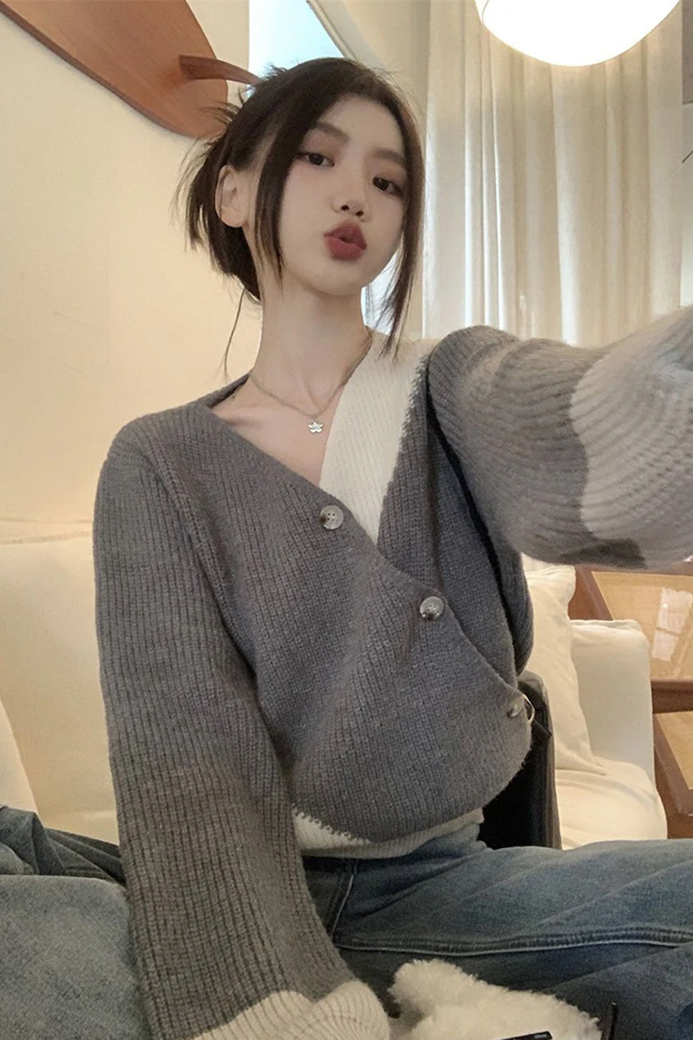 Loose V-Neck Irregular Button Sweater