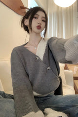 Loose V-Neck Irregular Button Sweater
