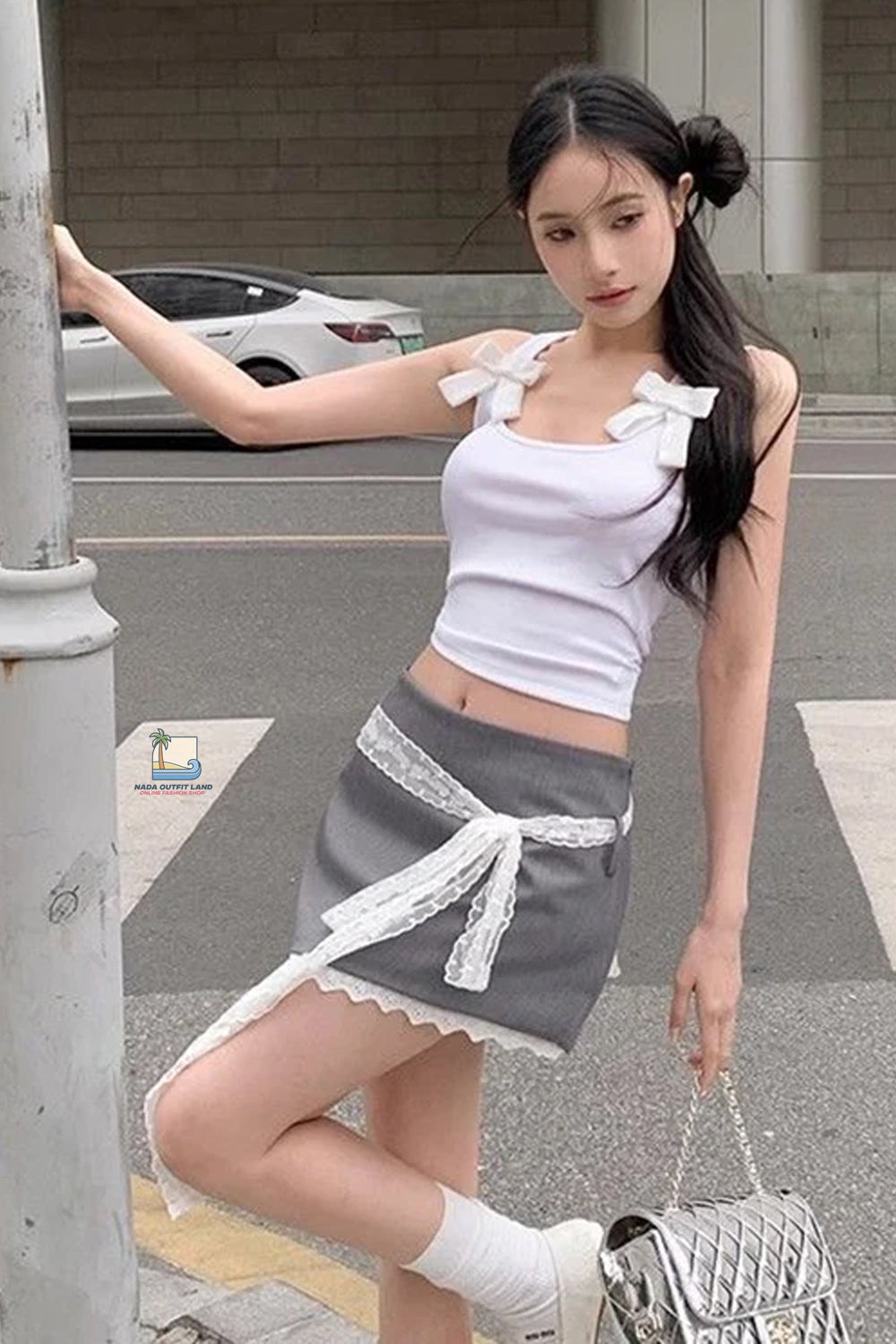 High Waist Lace Bandage Grey Mini Skirts