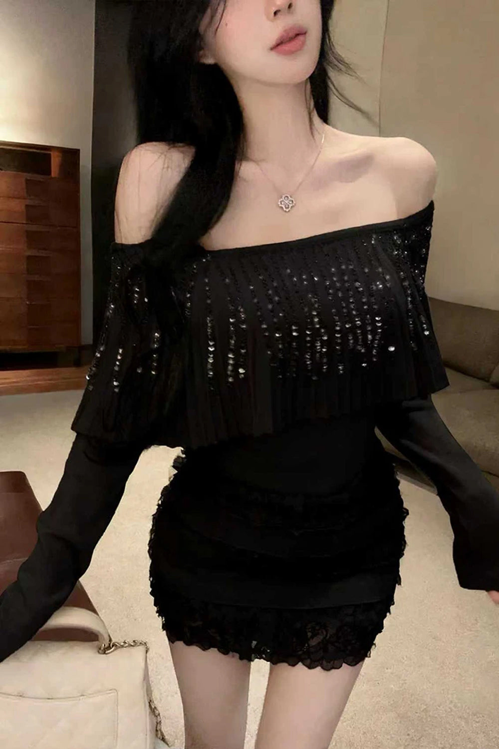 Sexy Off Shoulder Sequins Knitted Elegant Sweater